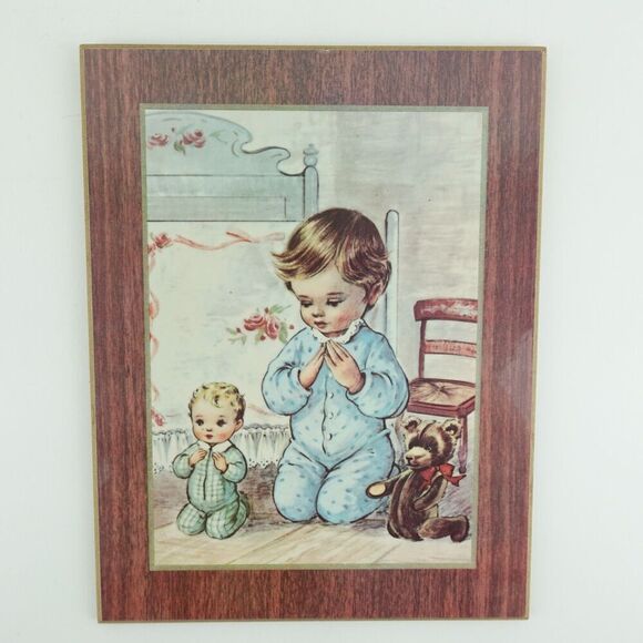 Vintage Bonella Milano Italy Print on Wood Boy Praying Childs Room - Picture 1 of 11